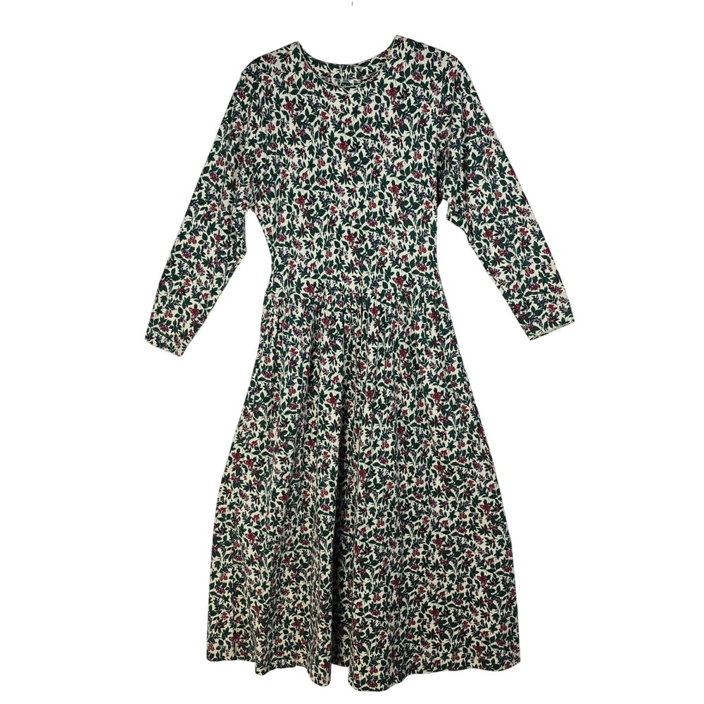 VTG All Week Long Cotton Dress Cottagecore Long Sleeve Midi White Green Small